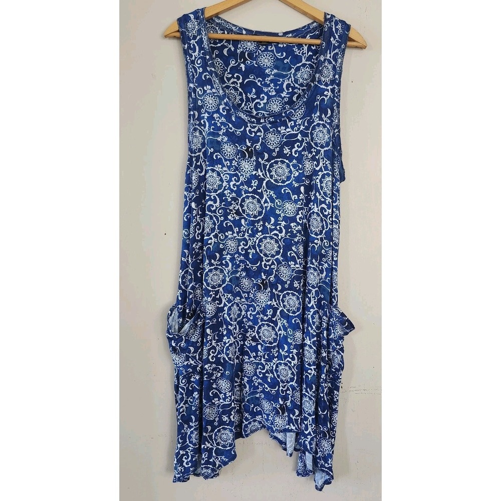 Rene Rofe Womens 1X Sleeveless Blue White Vine Floral Print Nightgown Pockets